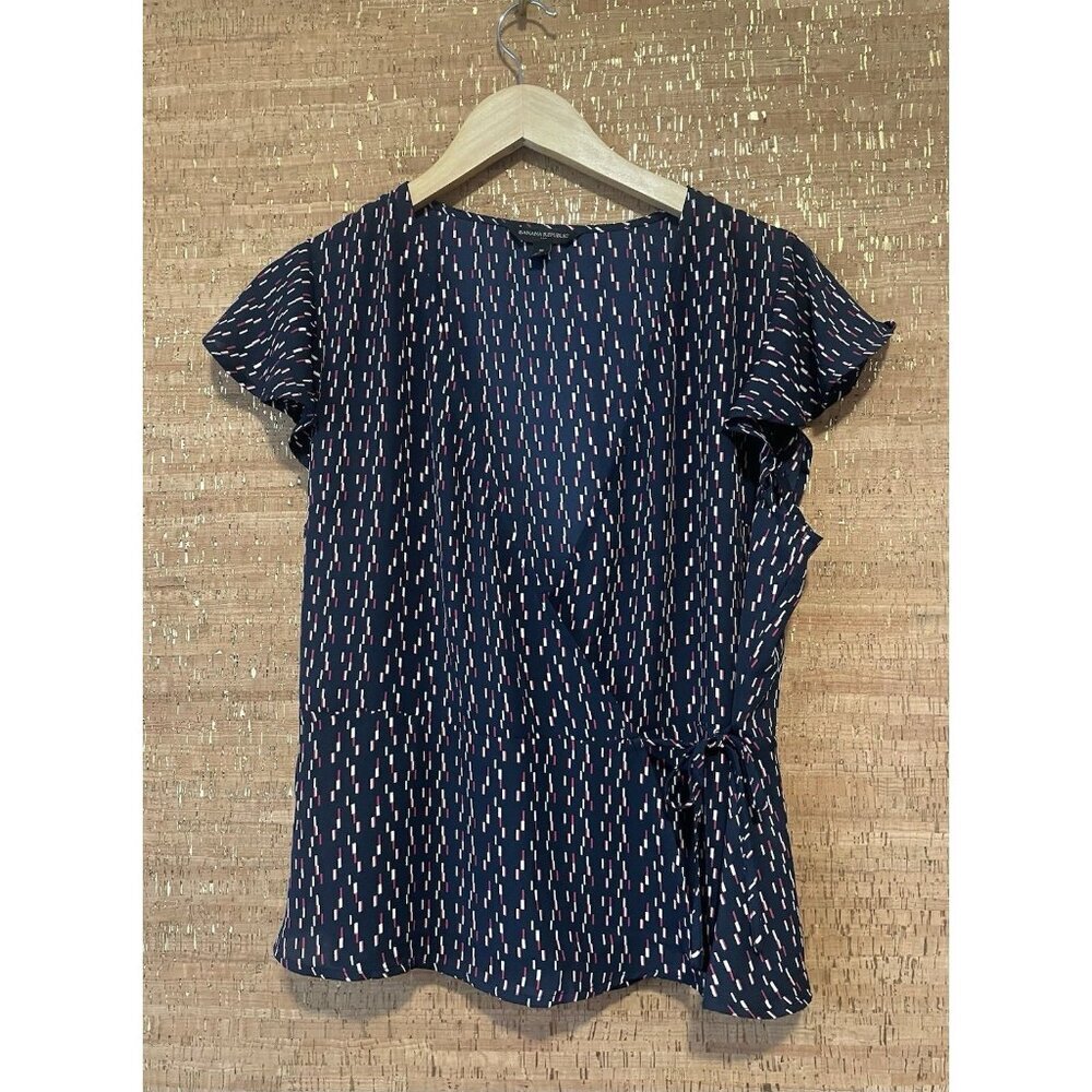 Banana Republic Open Front Shirt Womens Size M Blue Short Sleeve Front Tie